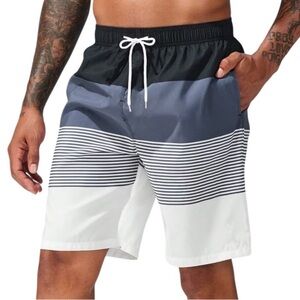 🆕 MANIFINITY Men's Navy and White Striped Seim Shorts Size XXL